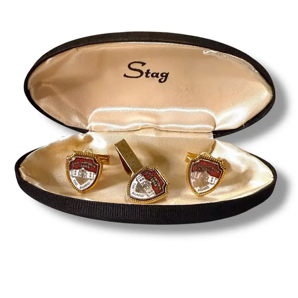 Vintage Stag Cufflinks and Tie Clip Set Gold Tone Enamel San Antonio Alamo